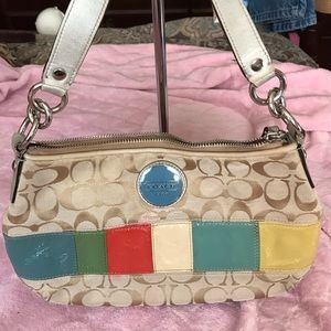 Coach tan signature C with patent leather multi colored stripes hobo bag